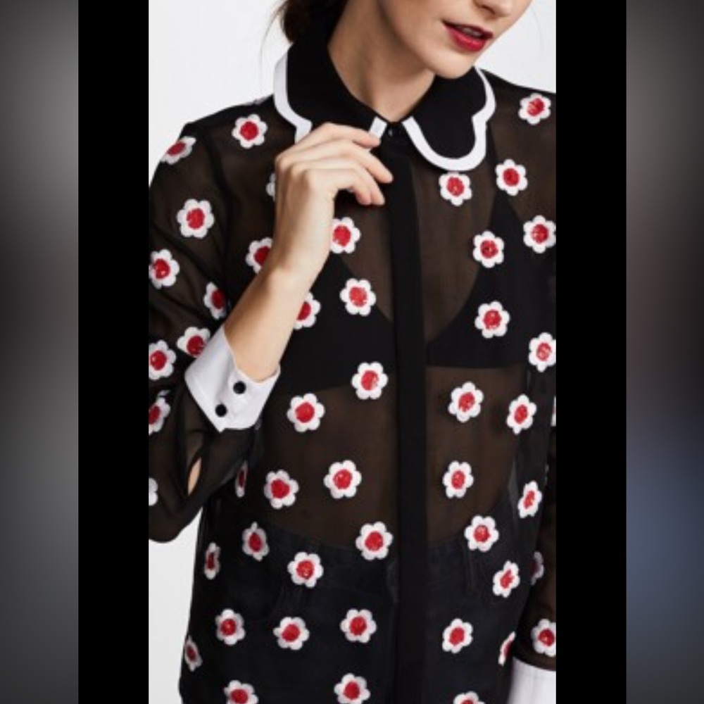 Alice + Olivia Willa Floral Embellished Scalloped Collar Placket Top Black Sz S - Picture 2 of 15